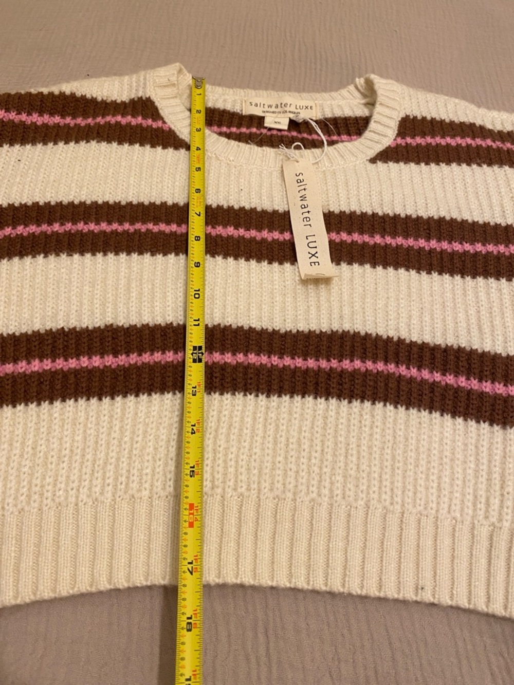SALTWATER LUXE Cream Cropped Sweater with Brown and Pink Stripes. Size XS. New - Picture 5 of 7